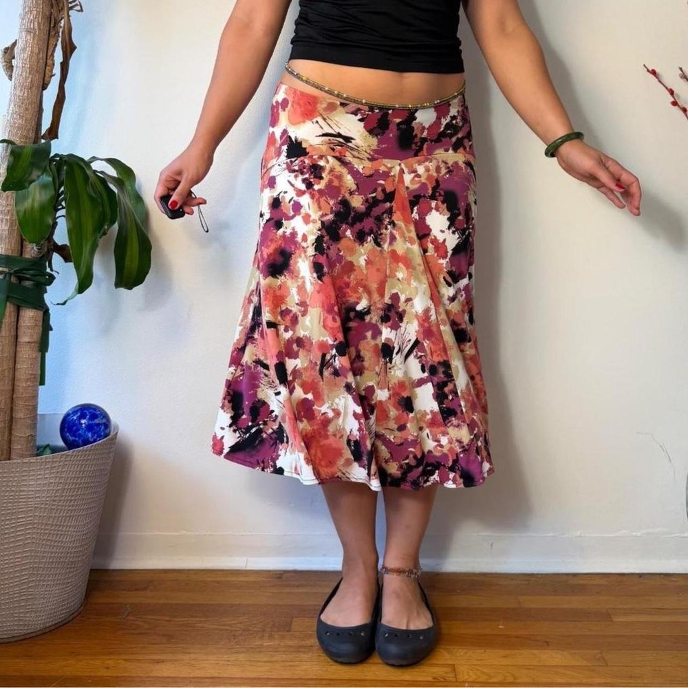 East 5th Pink Purple Floral Pleated Midi Skirt Boho Y2K Medium